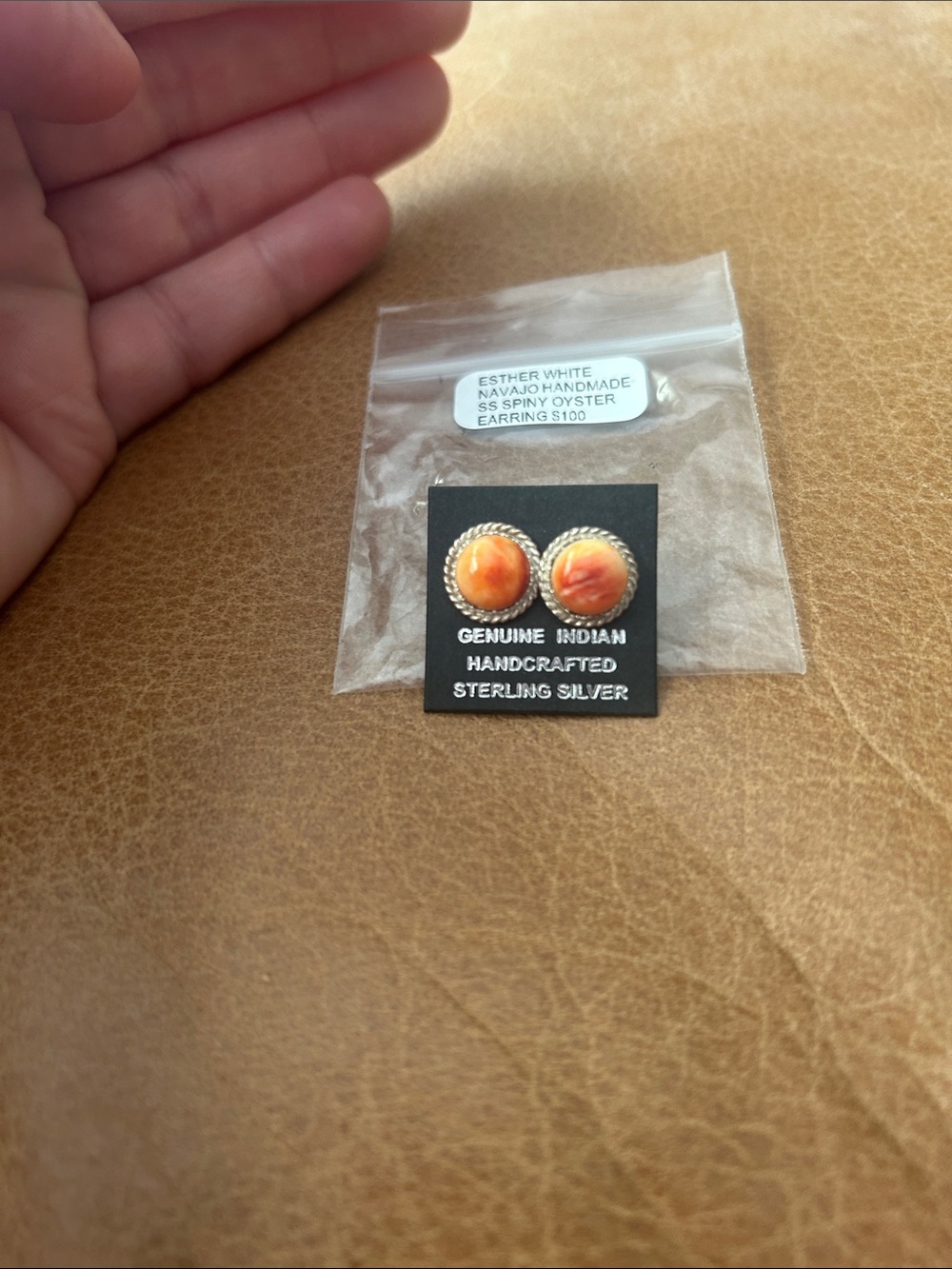Navajo, Esther White, Orange Spiny Oyster Shell Sterling Silver Stud Earrings